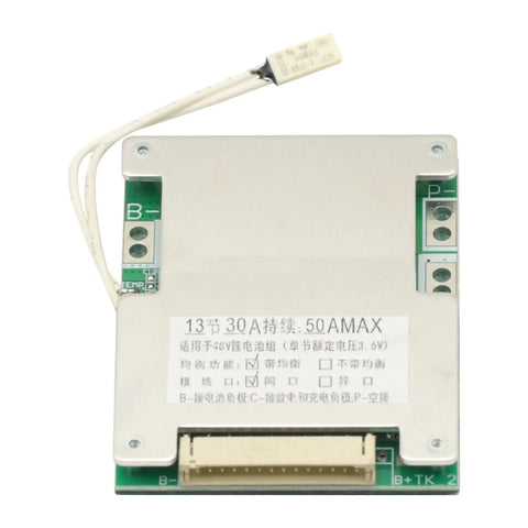 Kickass Heavy Duty 13S 48V 50A BMS Protection Board with connectors, designed for custom lithium ion battery packs.