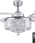 36 Inch Retractable Pendant Fandelier Ceiling Fan With Lights Remote Control, Crystal LED Chandelier Fan, Polished Chrome Silver