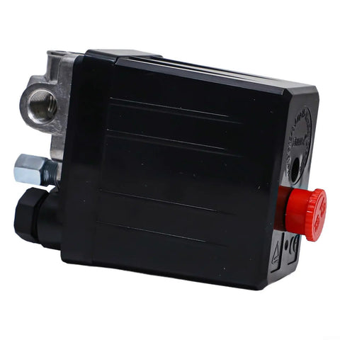 Air Compressor Pressure Switch 90 To 120 Psi 240V Replacement with four port manifold, black metal casing, side view image.
