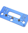 Dead Nuts Accurate Drill Locator Jig And Hole Puncher Built From Tough Aluminum Alloy, blue jig with multiple drill holes for precise alignment.