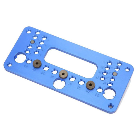 Dead Nuts Accurate Drill Locator Jig And Hole Puncher Built From Tough Aluminum Alloy, blue jig with multiple drill holes for precise alignment.