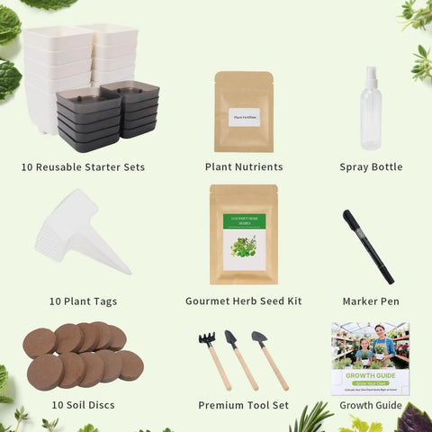 Indoor Herb Garden Starter Kit Beginner Friendly With 7 Herbs Like Basil Parsley Thyme Mint Cilantro Dill Oregano Includes 10 White Pots Markers Soil Discs Sprayer Plant Pen Nutritional Soil Great Gift For Women components displayed
