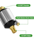 Water Separator Filter for Air Lines 1/4 Inch NPT Inlet and Outlet with push button drain and brass fittings.