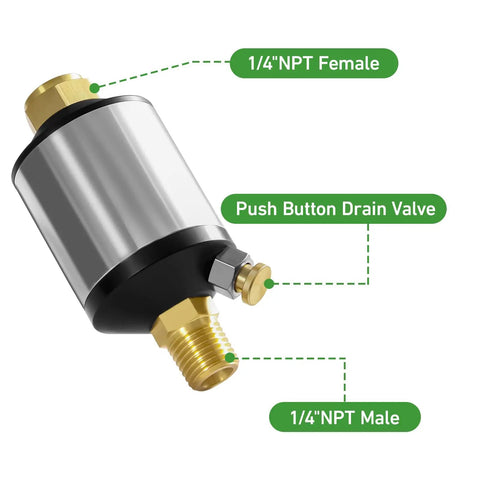 Water Separator Filter for Air Lines 1/4 Inch NPT Inlet and Outlet with push button drain and brass fittings.