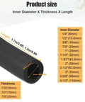 Heavy Duty Foam Pipe Insulation Kit for Indoor and Outdoor Water Lines Fits Half Inch to Three Inch Pipes Five Point Six Feet Long Waterproof Fire Resistant Sound Dampening Non Slip Flame Retardant Tubing for Handles and Grips product dimensions showing inner diameter, thickness, and length range.