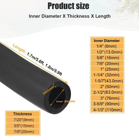 Heavy Duty Foam Pipe Insulation Kit for Indoor and Outdoor Water Lines Fits Half Inch to Three Inch Pipes Five Point Six Feet Long Waterproof Fire Resistant Sound Dampening Non Slip Flame Retardant Tubing for Handles and Grips product dimensions showing inner diameter, thickness, and length range.