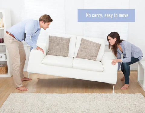 Two people moving a white sofa easily with Self Adhesive Polyester Felt Tape 1.96 Inch Wide By 0.04 Inch Thick And 14.7 Feet Long Black.