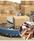 Commercial Stainless Steel Conveyor Rollers Two Pack Spring Loaded Gravity Bearings Smooth Slide with boxes on conveyor.