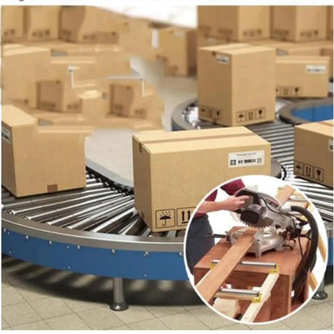 Commercial Stainless Steel Conveyor Rollers Two Pack Spring Loaded Gravity Bearings Smooth Slide with boxes on conveyor.