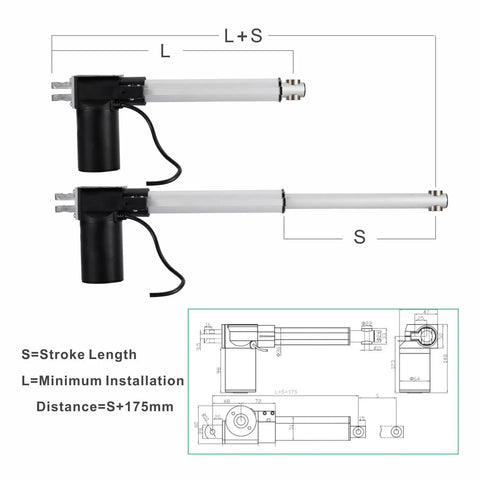 Heavy Duty Linear Actuator With DC 12V Or 24V Electric Motor showing components and dimensions for smooth travel and serious push power