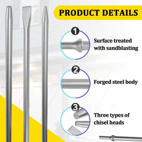 3 Pack Pneumatic Taper Punch And Air Cold Chisel Set For Air Hammer Tools, surface treated, forged Cr-Mo alloy steel, chisel heads