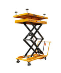 Boss Grade Electric Hydraulic Lift Table With 2600 Lbs Capacity And Dual Locking Casters, Mobile Scissor Cart for EV Battery Packs and Transmissions, showing elevated position.