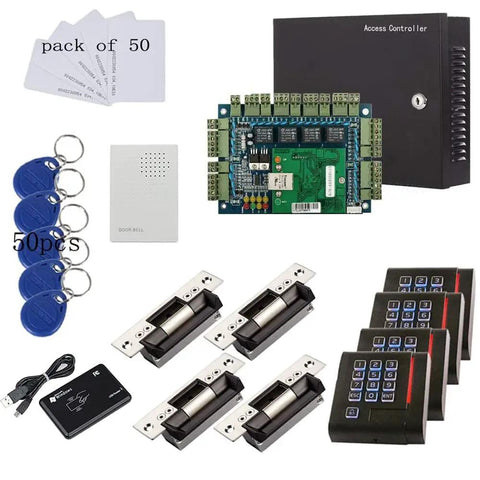 4 Door TCP/IP Based Heavy Duty Electric Strike Access Control System With Wiegand Controller, 110V-240V Power Supply, Keypad Reader, Swipe Card Or PIN Entry, And Auto Open/Close For Smooth Entry And Exit