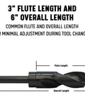 1-1/16 Inch Reduced Shank High Speed Steel Drill Bit With 1/2 Inch Shank DWDRSD Series Black Oxide Coated, showing flute and overall length