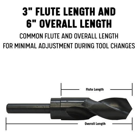 1-1/16 Inch Reduced Shank High Speed Steel Drill Bit With 1/2 Inch Shank DWDRSD Series Black Oxide Coated, showing flute and overall length