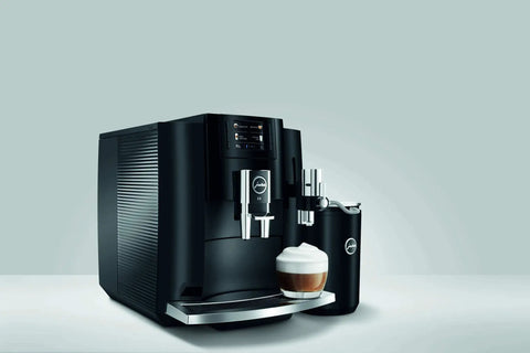 Top Shelf Fourth Generation Automatic Coffee Machine In Piano Black with creamy latte served, 17.6x11x13.8 inches for easy use.