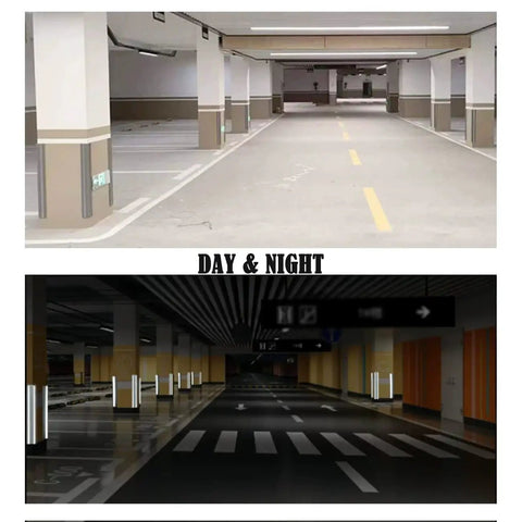 Heavy Duty Reflective Garage Wall Guard Plus Slick Rubber Corner Protector For Car Door Bumper Shield With High Visibility Night Safety Strip Tough As Nails Warehouse Parking Lot Anti Collision Bumper Guard Black in day and night settings.