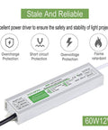 60W Waterproof IP67 LED Power Supply 12V DC Output 5A Transformer Adapter with safety features, indoor outdoor use