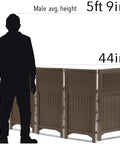 Four Panel Freestanding Wicker Resin Outdoor Screen Enclosure in Brown, 23 Inch Wide by 44 Inch High, with silhouette for scale.