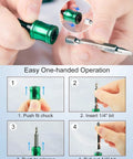 Hands demonstrating the Six Piece One Quarter Inch Hex Shank Aluminum Bit Holder Set with Quick Change Extension Bar Keychain Drill Adapter.
