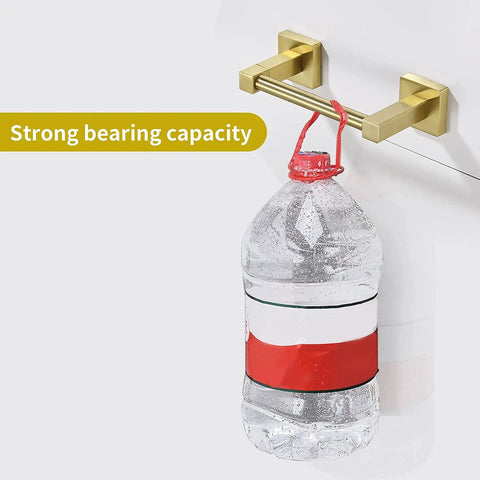 Gold Toilet Paper Holder With Double Post Pivoting Design Brushed Brass Look Wall Mount Tissue Hanger holding water bottle