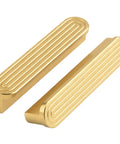 Five Pack Gold Cabinet Pulls With 3 Inch Hole Center Brushed Brass Finish Flat Modern Drawer Dresser Handles close-up view