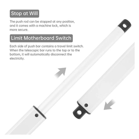 Heavy Duty Linear Actuator 10 To 200 Mm Stroke With 96 Newtons Force And 9.5 Millimeters Per Second Speed Reciprocating Motion Aluminum Housing IP54 IP65 Ready Flexible Front And Rear Mounting Options For Tough Industrial Setups, shown with stop-at-will and limit switch features