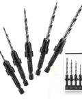 Kickstart Your Shop Projects With This 5 Piece High Speed Steel Countersink Drill Bit Set featuring quarter inch hex shank and tapered tips.