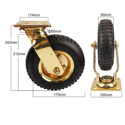 Heavy Duty 8 Inch Pneumatic Rubber Tires For Hotel Luggage Carts Smooth Rolling Brass Hub dimensions and details