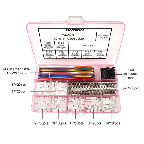 Open box of PH 2.0 Wire Kit With Pin Headers And Ribbon Cable, 2.0mm Pitch, 2P To 8P Male Housings And 300 Female Pins, 1m 20 Wire Ribbon