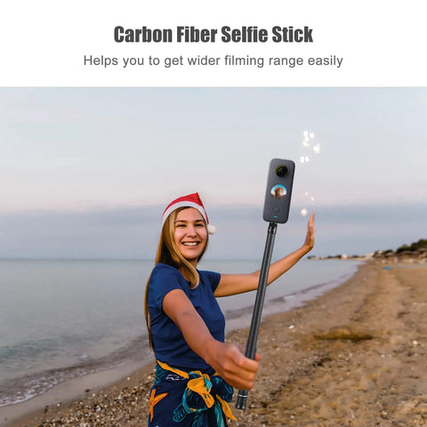 Carbon Fiber Selfie Stick With Telescopic Shaft Reaches Near Fifty Nine Inches for wider filming on beach with smiling woman.