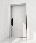 Black 4 Piece Barn Drawer Pulls Set With Flat Head Long Base Design installed on a modern white door.