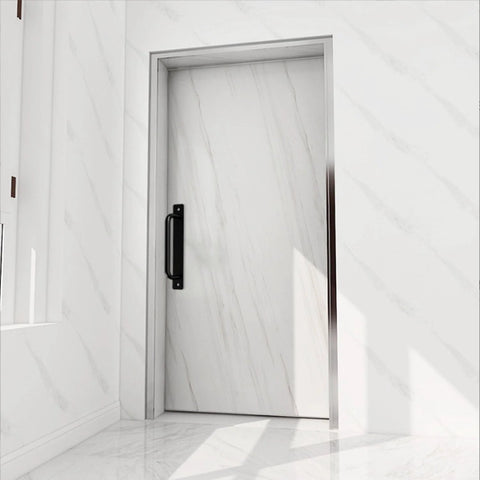 Black 4 Piece Barn Drawer Pulls Set With Flat Head Long Base Design installed on a modern white door.