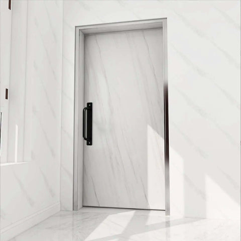 Metal Barn Door Pull Set, Four Pack Long Base Flat Head Drawer Pulls For Barn Doors, Black Finish on White Wood Door
