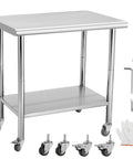 Mobile 30 By 24 Inch NSF Stainless Steel Workbench With Four Wheels And Hooks, adjustable height, shown with accessories