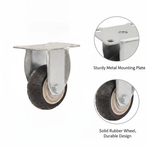 Heavy Duty Swivel Plate Caster Wheel With Solid Metal Mounting Bracket Easy Swap Replacement For Hand Trucks, showcasing sturdy metal plate and rubber wheel.