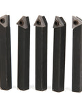Front view of five 1/4in indexable turning tool holders with gray carbide inserts on black bodies.