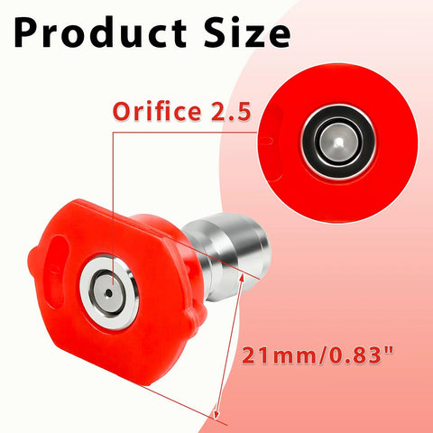 Side view of red 0-degree pressure washer nozzle with 1/4 in quick-connect
