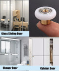 Four images showing usage of Six Pcs Shower Door Rollers With Copper Core And POM Wheels; on glass sliding door, shower door, cabinet.