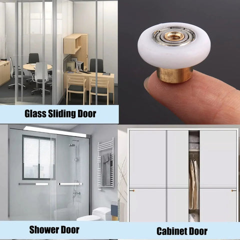 Four images showing usage of Six Pcs Shower Door Rollers With Copper Core And POM Wheels; on glass sliding door, shower door, cabinet.