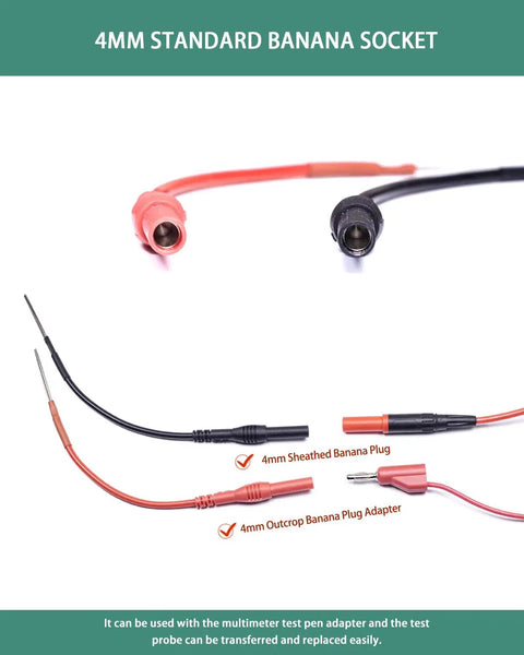Flexible Silicone Spoon Back Probes for Automotive Wiring 4mm Banana Plug Test Leads shown in red and black with sockets.