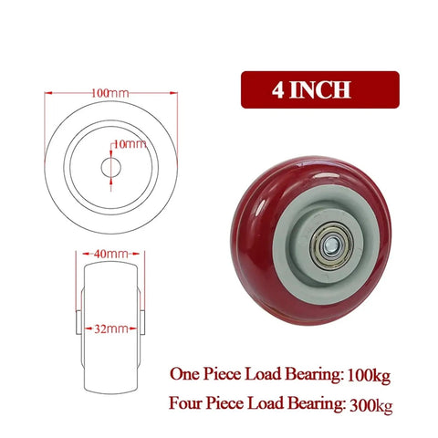 Heavy Duty PVC Wheel Casters Set Of 4 For Furniture Appliances Carts And Industrial Machines showing 4 inch size diagram