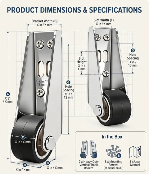 Heavy Duty Sliding Door Vertical Track Rollers specifications showing dimensions and materials for a robust design.