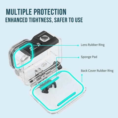 Open GoPro Waterproof Case For Hero 13 12 11 10 9 Black Protective Underwater Housing with labeled rubber rings and sponge pad.