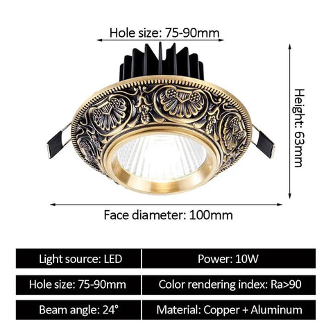 Ten Pack Brushed Brass Led Downlights Featuring Dimmable Eyeball Retrofit Spotlights with a decorative design and 100mm face diameter.