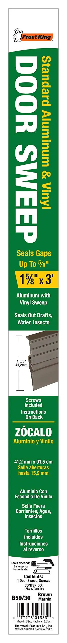 Product packaging of Premium Aluminum And Vinyl Door Sweep One And Five Eighths Inch By Thirty Six Inches Brown That Keeps Out Dust And Drafts Insects And Rodents Easy Install Weather Stripping For Old Or New Doors.