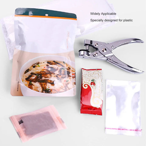 7mm Single Hole Punch for paper, plastic bags, OPP, PVC, and cardboard with food packaging items, ideal for DIY projects and school use.