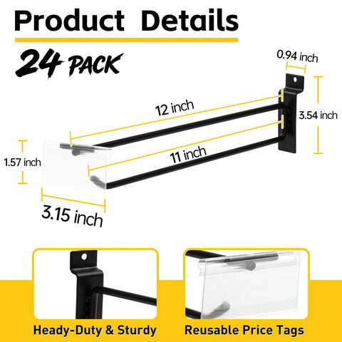 24 Pack Slatwall Hooks With Built In Price Tag Holder, Heavy Duty Metal, 12 Inch dimensions and features display