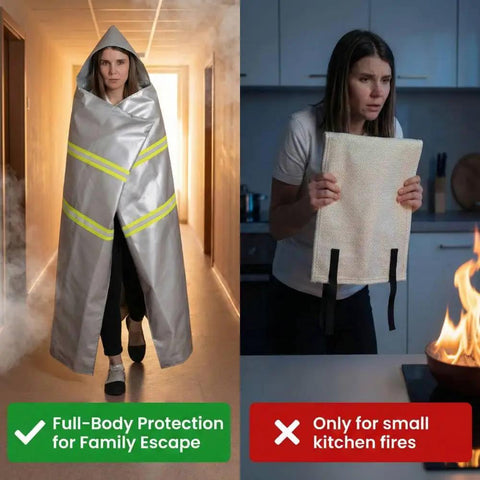 Emergency Fireproof Hooded Cloak For Quick Fire Escape, Life Saver Silver Silicone Coated Fiberglass Fire Blanket 59 By 63 Inches, Heat Resistant Safety Cover For Escape, Fire Retardant Blanket For Home Or Workplace Emergencies