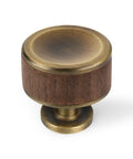 Dope Walnut Wood And Antique Brass Cabinet Knobs Set 5 Pack 1.2 Inch Diameter 1.3 Inch Height 0.7 Inch Bottom, detailed view
